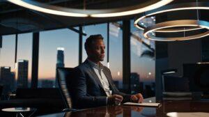 a sleek, modern los angeles office with a sharp-dressed business 税务律师 engaged in a focused discussion over financial documents, illuminated by the soft glow of stylish overhead lighting.