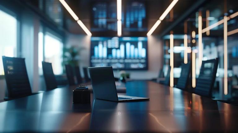 un entorno de oficina moderno presenta una elegante mesa de conferencias que muestra una pantalla digital con un resumen claro de los rangos de honorarios promedio para varios servicios fiscales, iluminada por una brillante luz cenital que enfatiza el ambiente profesional.
