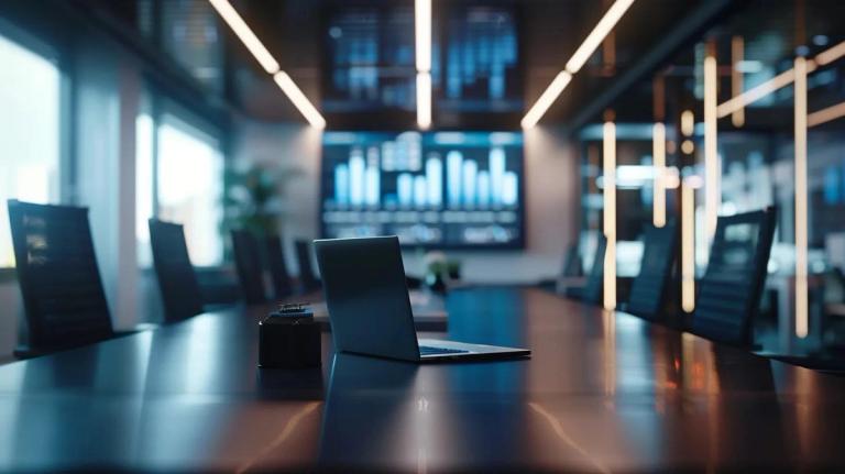a modern office environment features a sleek conference table displaying a digital screen with a clear summary of average fee ranges for various tax services, illuminated by bright overhead lighting that emphasizes the professional atmosphere.