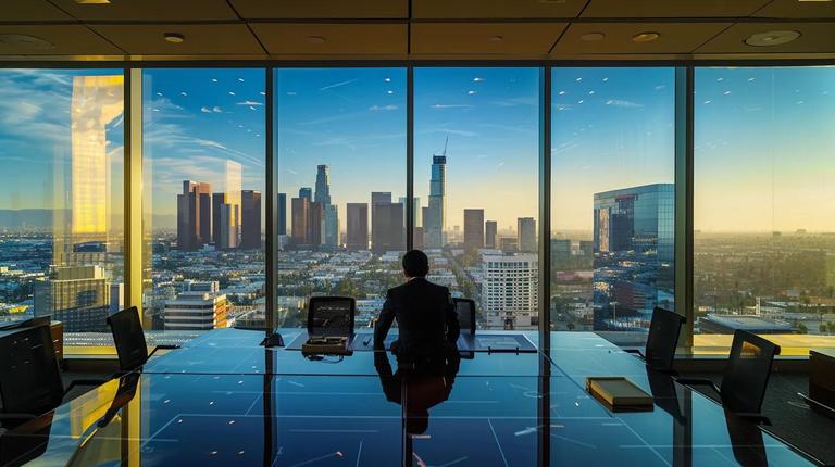 a sophisticated office environment features a focused attorney analyzing complex tax documents, with a large window showcasing the urban skyline of los angeles, emphasizing the intricate factors influencing legal fees.