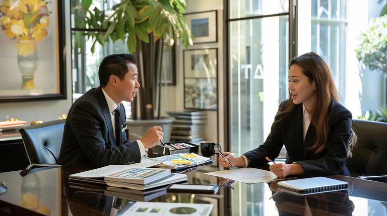 un sofisticado entorno de oficina en los angeles presenta a un abogado tributario concentrado discutiendo estructuras de honorarios con un cliente, rodeado de documentos organizados y un escritorio moderno y elegante que refleja profesionalismo y claridad financiera.