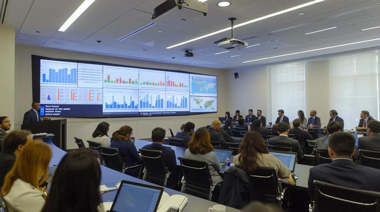 una moderna sala de conferencias de oficina está llena de clientes atentos que revisan estimaciones de honorarios completas una al lado de la otra, con una gran pantalla digital que muestra estadísticas y gráficos que destacan varias estructuras de honorarios de abogados tributarios de los angeles, enfatizando la claridad y la toma de decisiones informada.