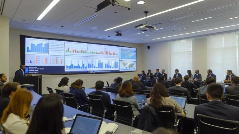 a sleek, modern office conference room is filled with attentive clients reviewing comprehensive fee estimates side by side, with a large digital screen displaying statistics and charts that highlight various fee structures of los angeles tax attorneys, emphasizing clarity and informed decision-making.