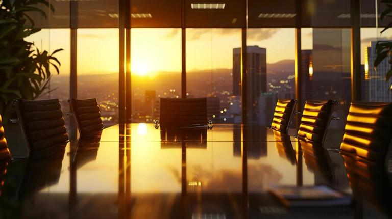 una moderna oficina legal en los angeles muestra una serie de opciones de estructuras de honorarios en una mesa de conferencias pulida, enfatizando la diversidad de prácticas de facturación disponibles para los clientes en un entorno urbano dinámico.