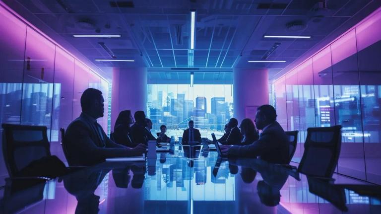 a sleek, modern office conference room is filled with a diverse group of professionals intently discussing tax attorney fee structures, illuminated by bright overhead lighting and featuring an engaging digital presentation on the wall.
