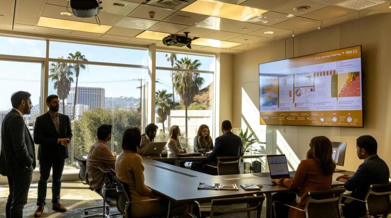 a modern office conference room in los angeles displays a large digital screen showcasing a vibrant infographic about local tax abatement opportunities, with participants engaged in a dynamic discussion, emphasizing community investment and support for local businesses.