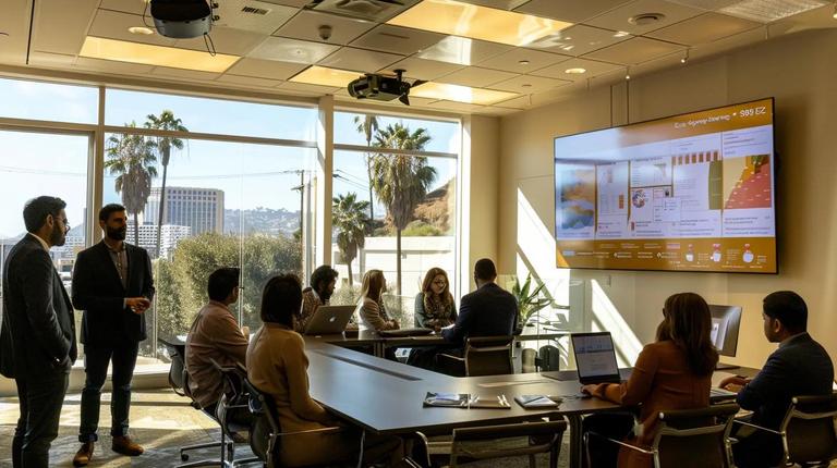 a modern office conference room in los angeles displays a large digital screen showcasing a vibrant infographic about local tax abatement opportunities, with participants engaged in a dynamic discussion, emphasizing community investment and support for local businesses.