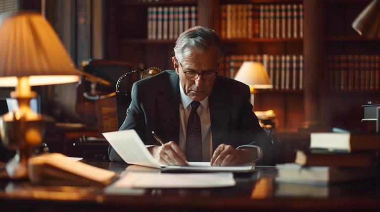 a focused office scene depicts a diligent tax attorney reviewing complex legal documents at a sleek desk, surrounded by organized folders and a digital tablet, illustrating the thoroughness required in understanding legal fees and services.