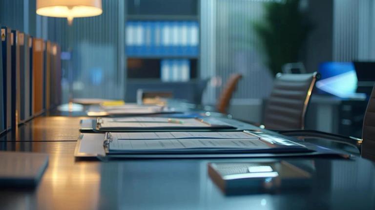 un moderno espacio de oficina en los angeles presenta una elegante mesa de conferencias cubierta de carpetas organizadas y documentos financieros, destacando varios rangos de honorarios promedio para servicios fiscales, bajo una brillante iluminación LED que enfatiza un ambiente profesional.