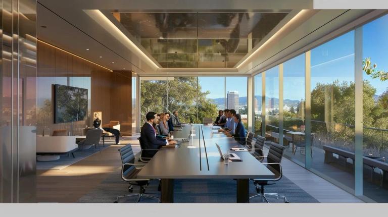 a modern office setting showcases a diverse group of professionals engaged in a dynamic discussion around a sleek conference table, emphasizing the collaborative efforts to implement california tax relief programs for residents.