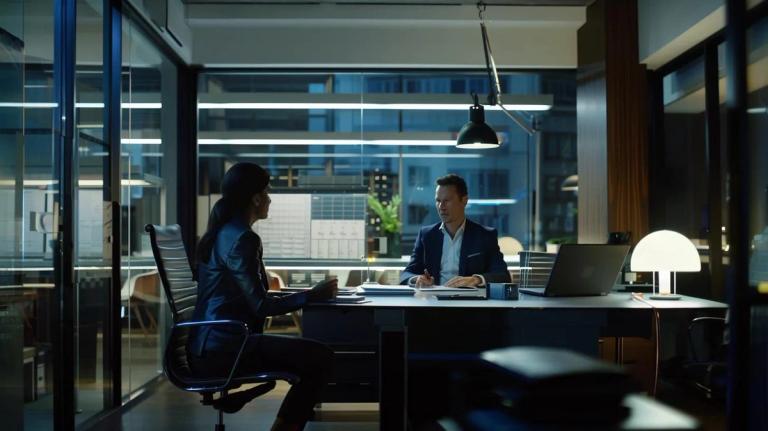 una escena de oficina con un abogado tributario profesional sentado ante un escritorio elegante, en conversación con un cliente sobre una laptop que muestra una estructura detallada de honorarios para varios servicios fiscales, iluminado por una luz moderna y brillante que enfatiza un ambiente serio e informativo.