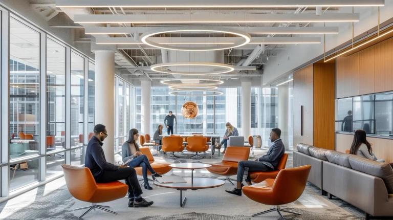 a focused office scene showcases a diverse group of professionals diligently reviewing documents and discussing qualifications for tax relief initiatives, illuminated by sleek overhead lighting and surrounded by modern, minimalist decor.