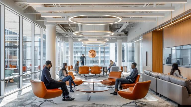 a focused office scene showcases a diverse group of professionals diligently reviewing documents and discussing qualifications for tax relief initiatives, illuminated by sleek overhead lighting and surrounded by modern, minimalist decor.