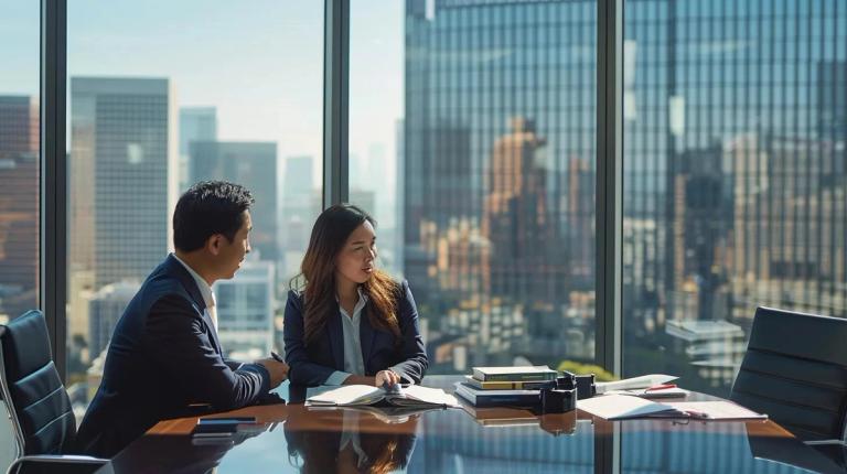 un entorno de oficina moderno en los angeles, con un abogado tributario concentrado discutiendo estructuras de honorarios con un cliente, rodeado de libros legales y una gran ventana que exhibe el skyline urbano.