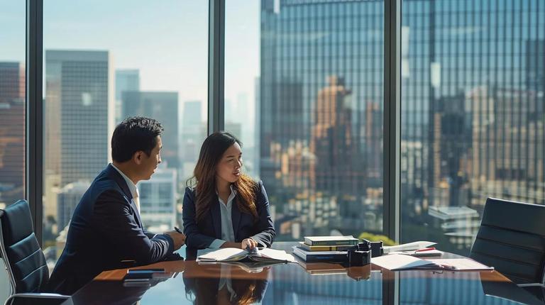 a sleek, modern office setting in los angeles, featuring a focused tax attorney discussing fee structures with a client, surrounded by legal books and a large window showcasing the urban skyline.