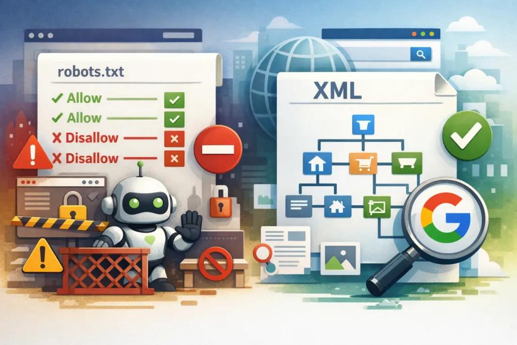 XML sitemap ve robots.txt dosyalarının SEO ve Google botları için site tarama yapısını gösteren görsel