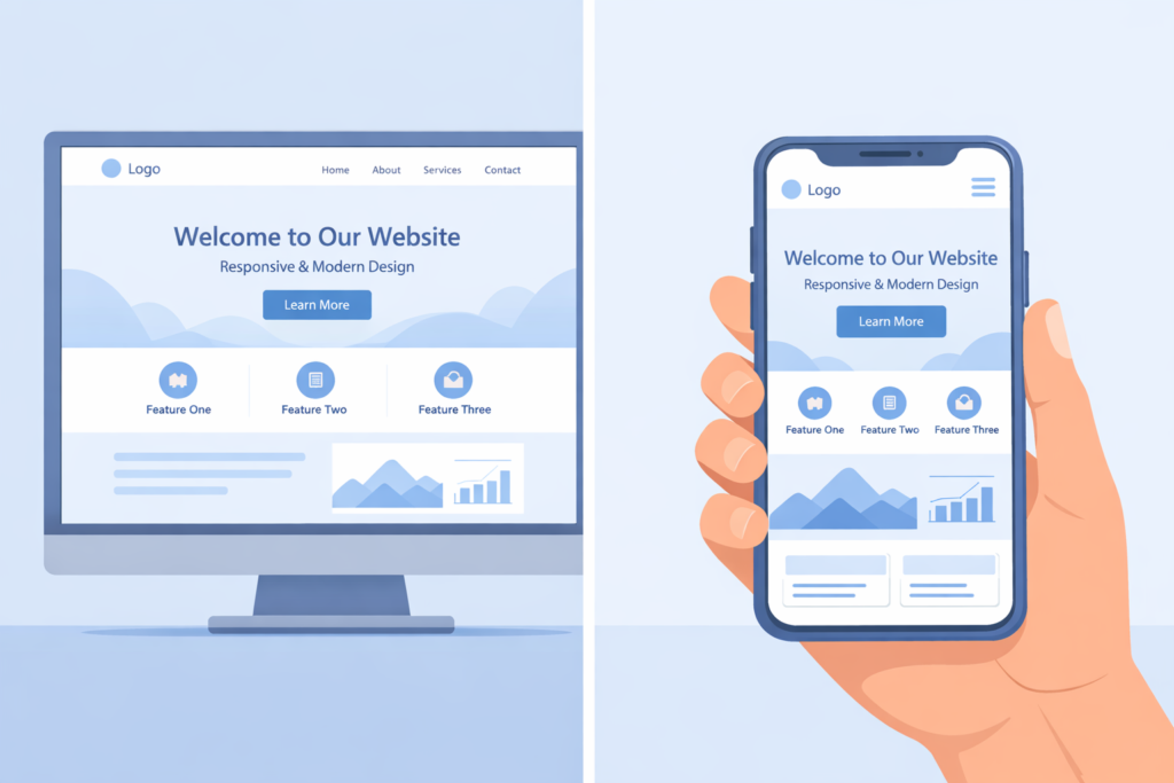Responsive web tasarım örneği: aynı web sitesinin masaüstü ve mobil cihazlarda uyumlu görünümü