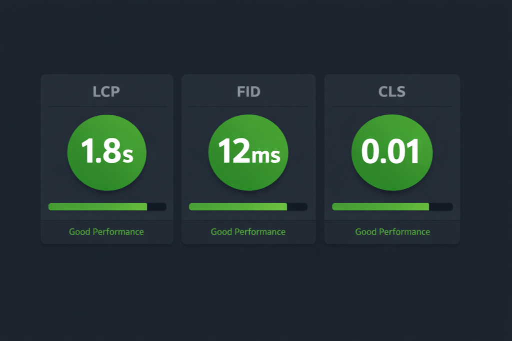 Koyu arka planlı bir dashboard arayüzünde LCP, FID ve CLS performans metriklerini yeşil skor göstergeleri ve ilerleme çubuklarıyla gösteren düz tasarım veri görselleştirmesi.