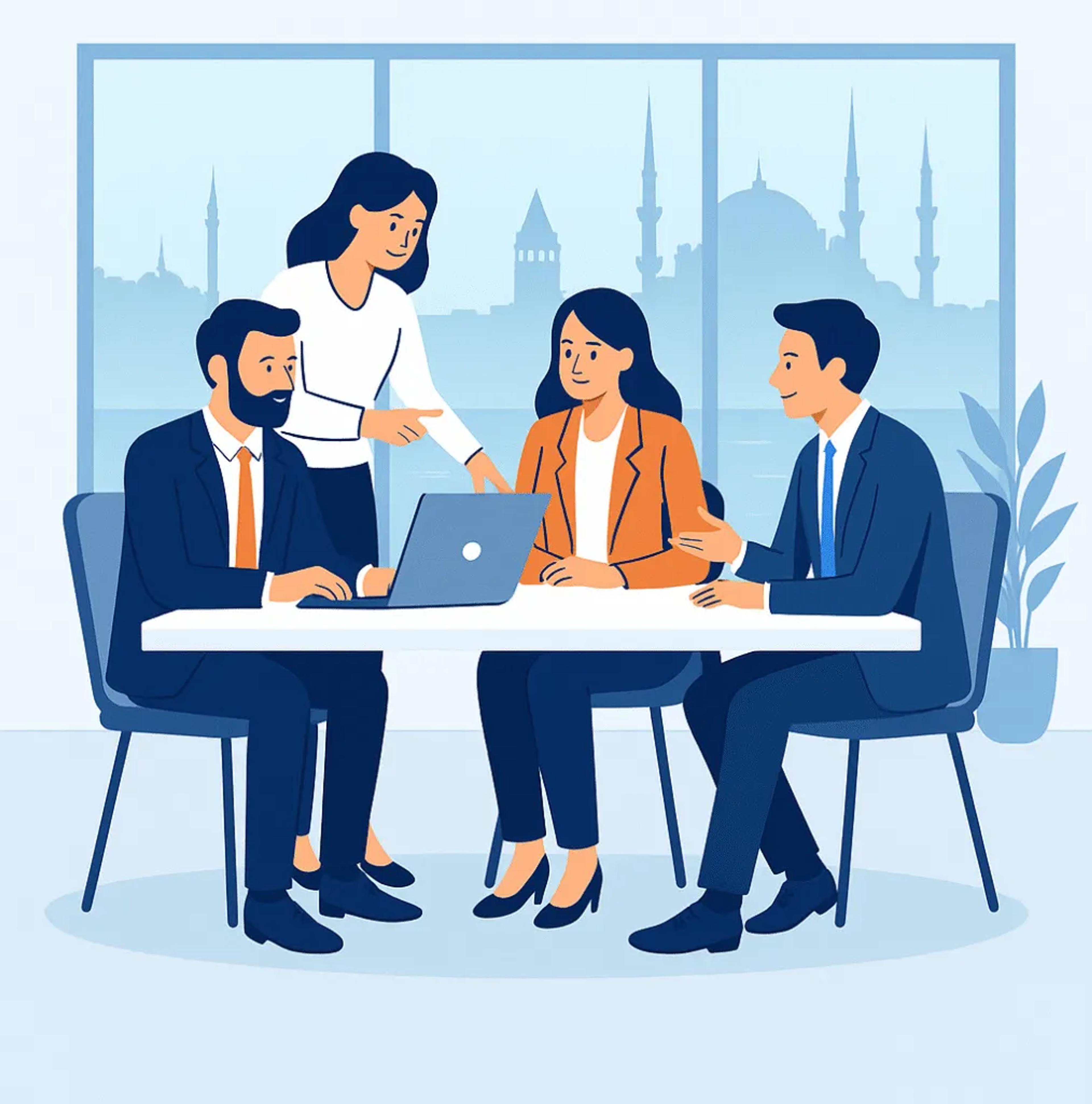 İstanbul reklam ajansı seçimi temalı blog görseli – arka planda İstanbul silueti, ön planda bilgisayar ekranı, dijital pazarlama grafik ikonları ve not defteri bulunan modern ofis ortamı.