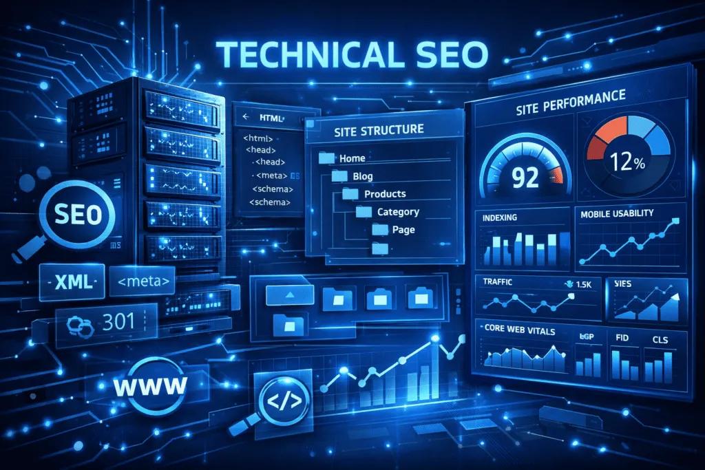 Teknik SEO ve site altyapı optimizasyonunu gösteren görsel