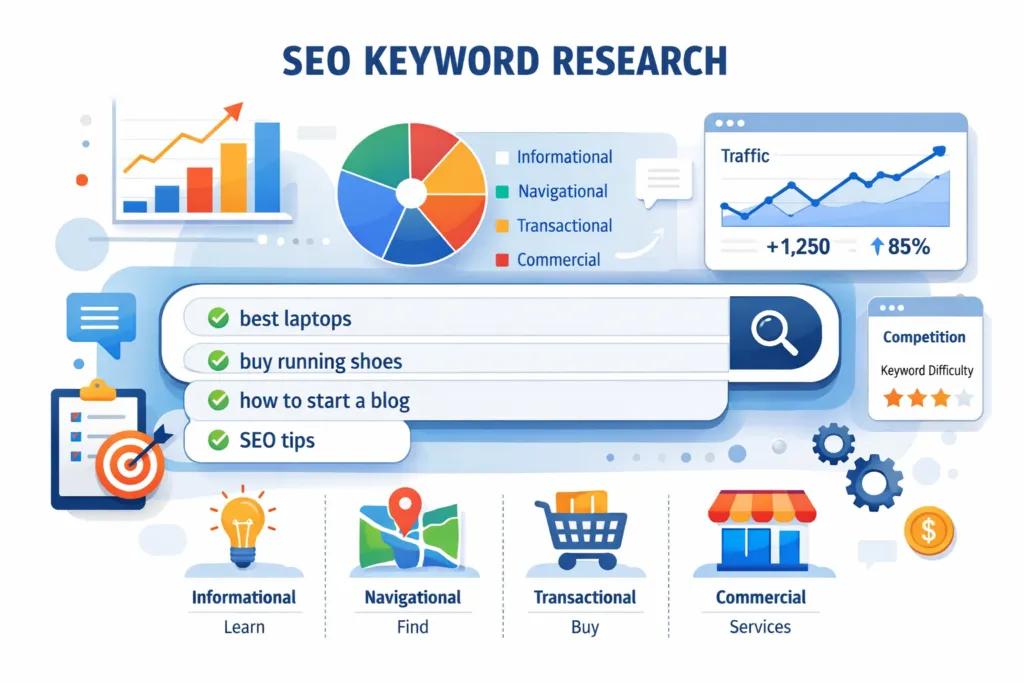 SEO anahtar kelime analizi ve arama niyeti görselleştirmesi