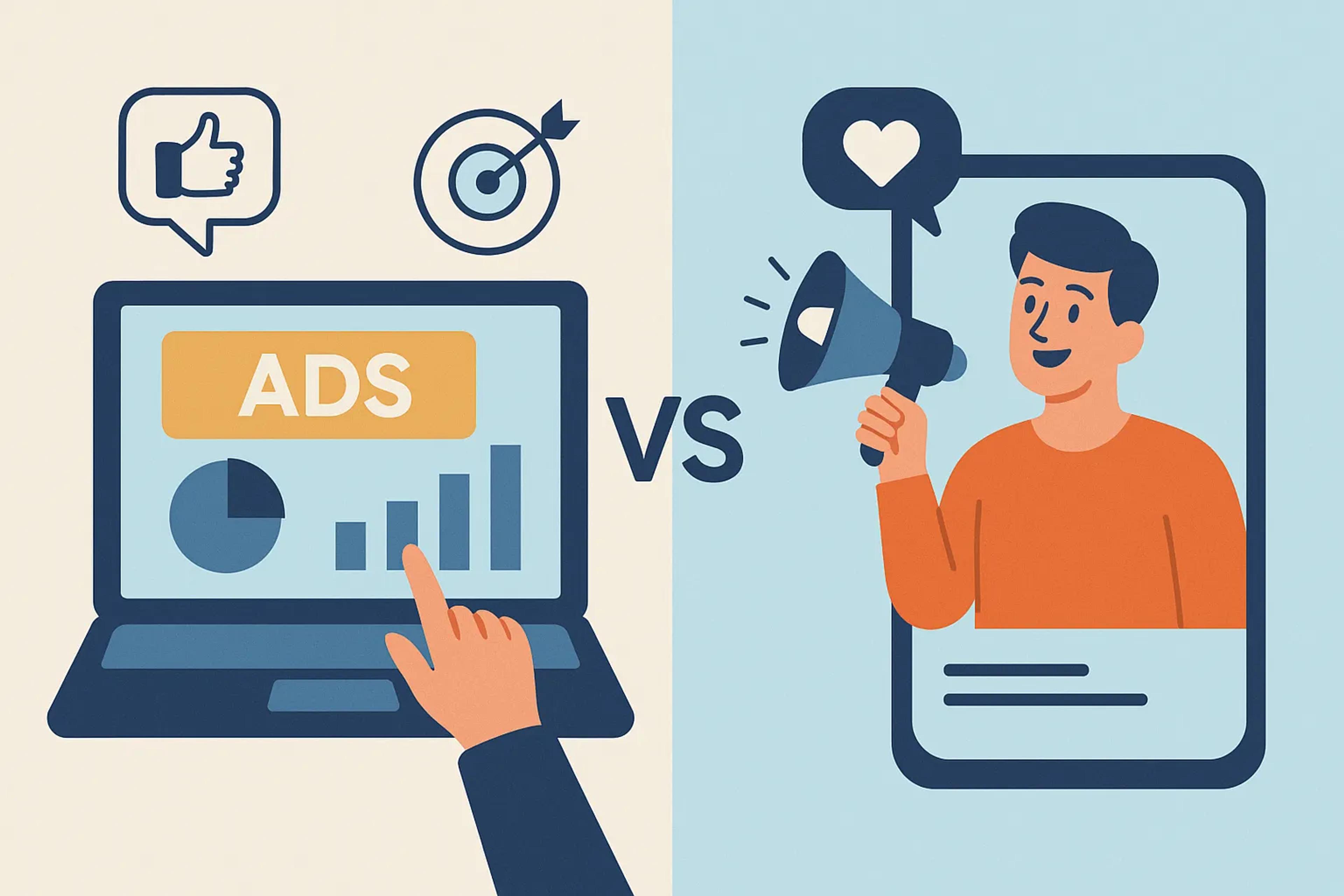 Dijital reklamları temsil eden grafiklerle dolu laptop ekranı ile influencer pazarlamasını temsil eden megafonlu içerik üreticisinin karşılaştırıldığı ikiye bölünmüş modern illüstrasyon.