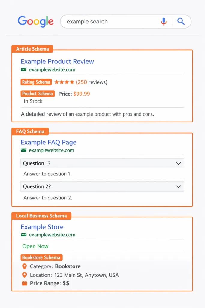 Google arama sonuçlarında rich snippet örneği: yıldız puanları, FAQ açılır sorular ve fiyat bilgileri içeren schema markup gösterimi