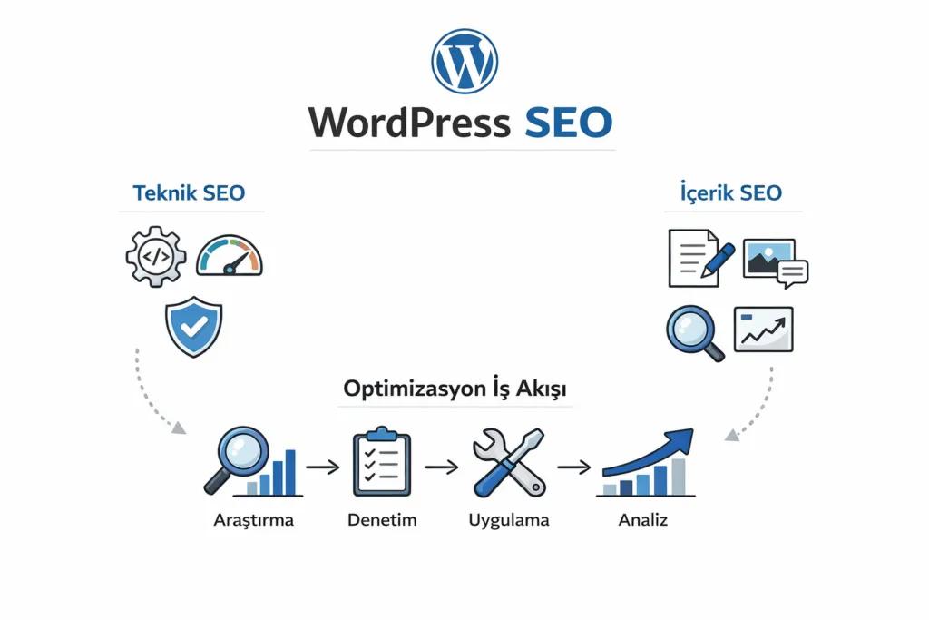 WordPress SEO sürecini gösteren teknik SEO ve içerik optimizasyonu diyagramı