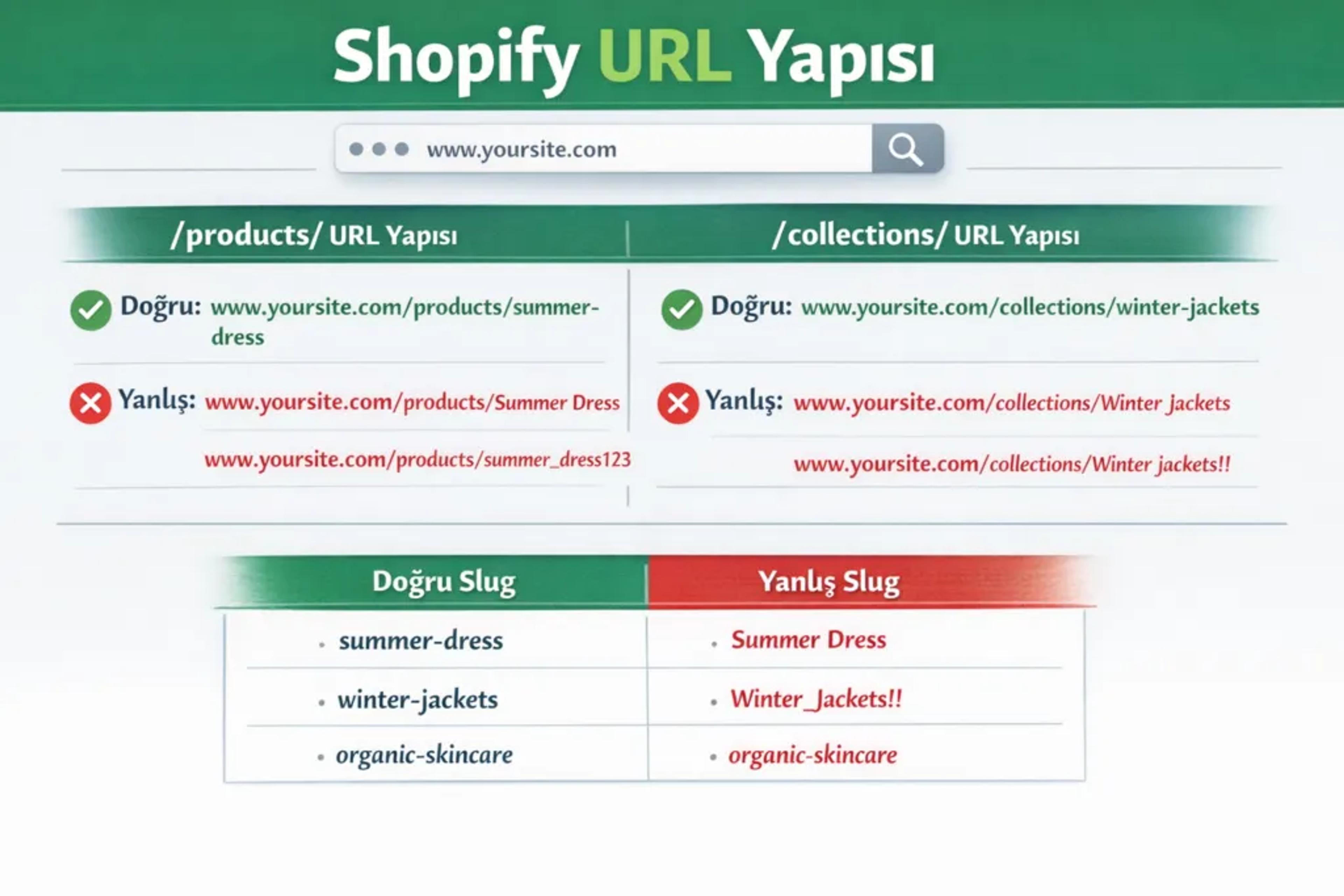 Shopify URL yapısını gösteren tablo: /products/, /collections/ örnekleri; doğru/yanlış slug karşılaştırması