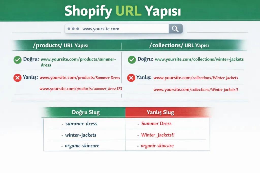 Shopify URL yapısını gösteren tablo: /products/, /collections/ örnekleri; doğru/yanlış slug karşılaştırması