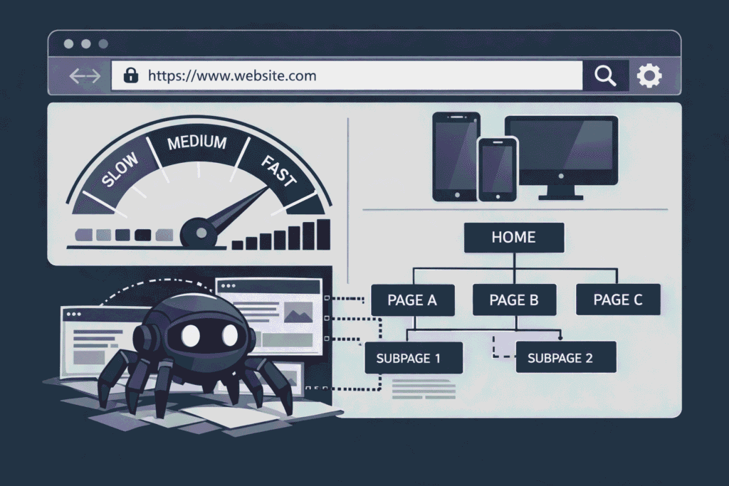 Teknik SEO bileşenleri: site hızı, mobil uyumluluk, URL yapısı ve site haritası