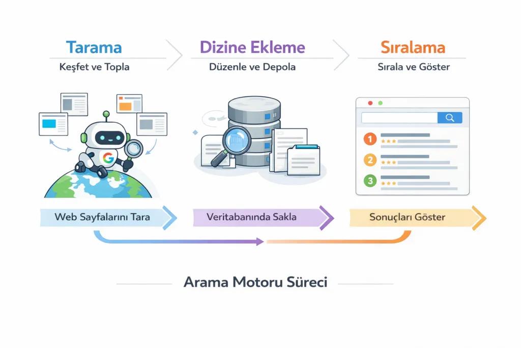 "Arama motoru süreci infografiği: tarama, dizine ekleme ve sıralama aşamaları"