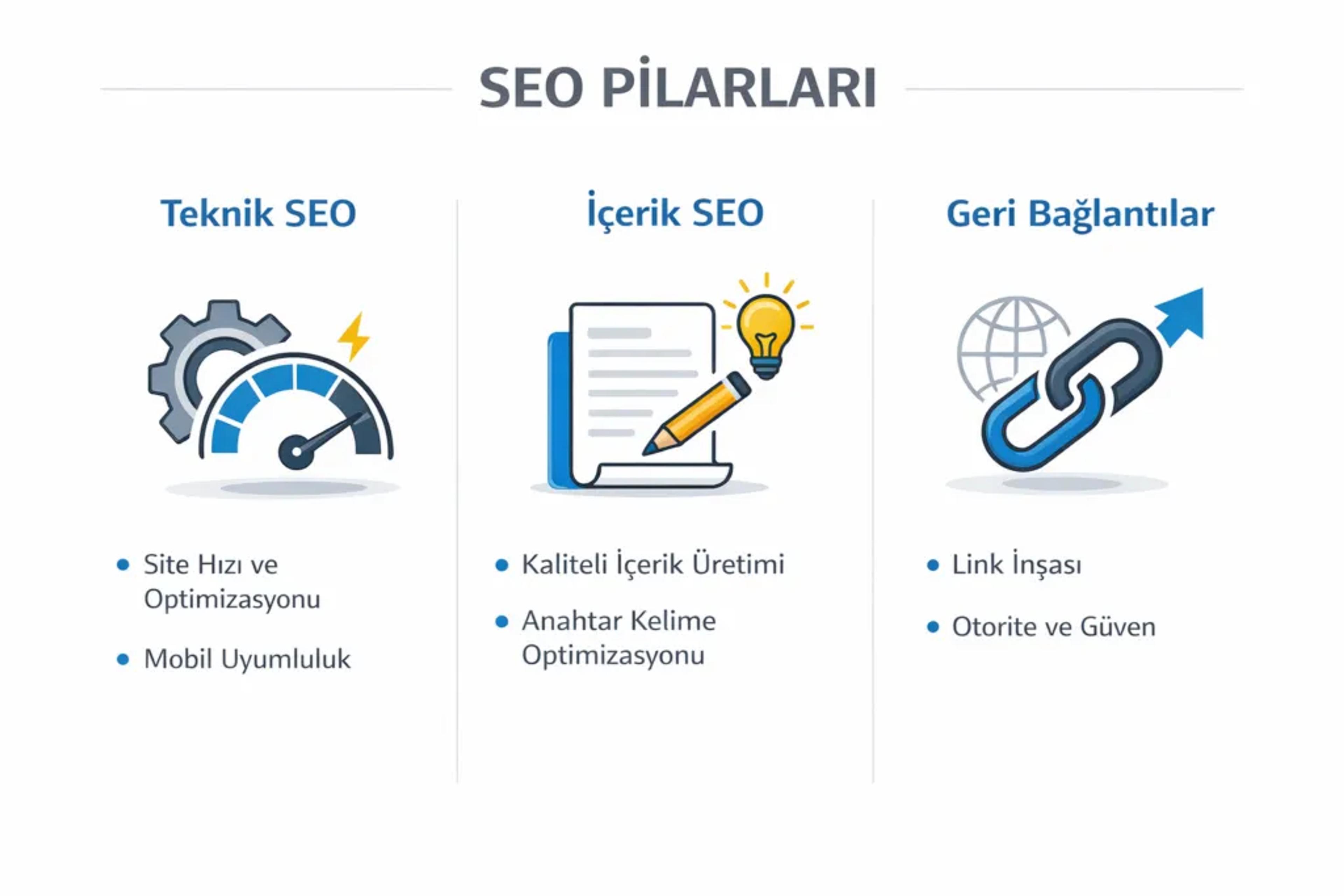 Teknik SEO, İçerik SEO ve Geri Bağlantılar sütunlarını gösteren SEO Pilarları infografiği; site hızı optimizasyonu, mobil uyumluluk, kaliteli içerik üretimi, anahtar kelime optimizasyonu, link inşası ve otorite güven kavramlarını anlatan modern SEO diyagramı.