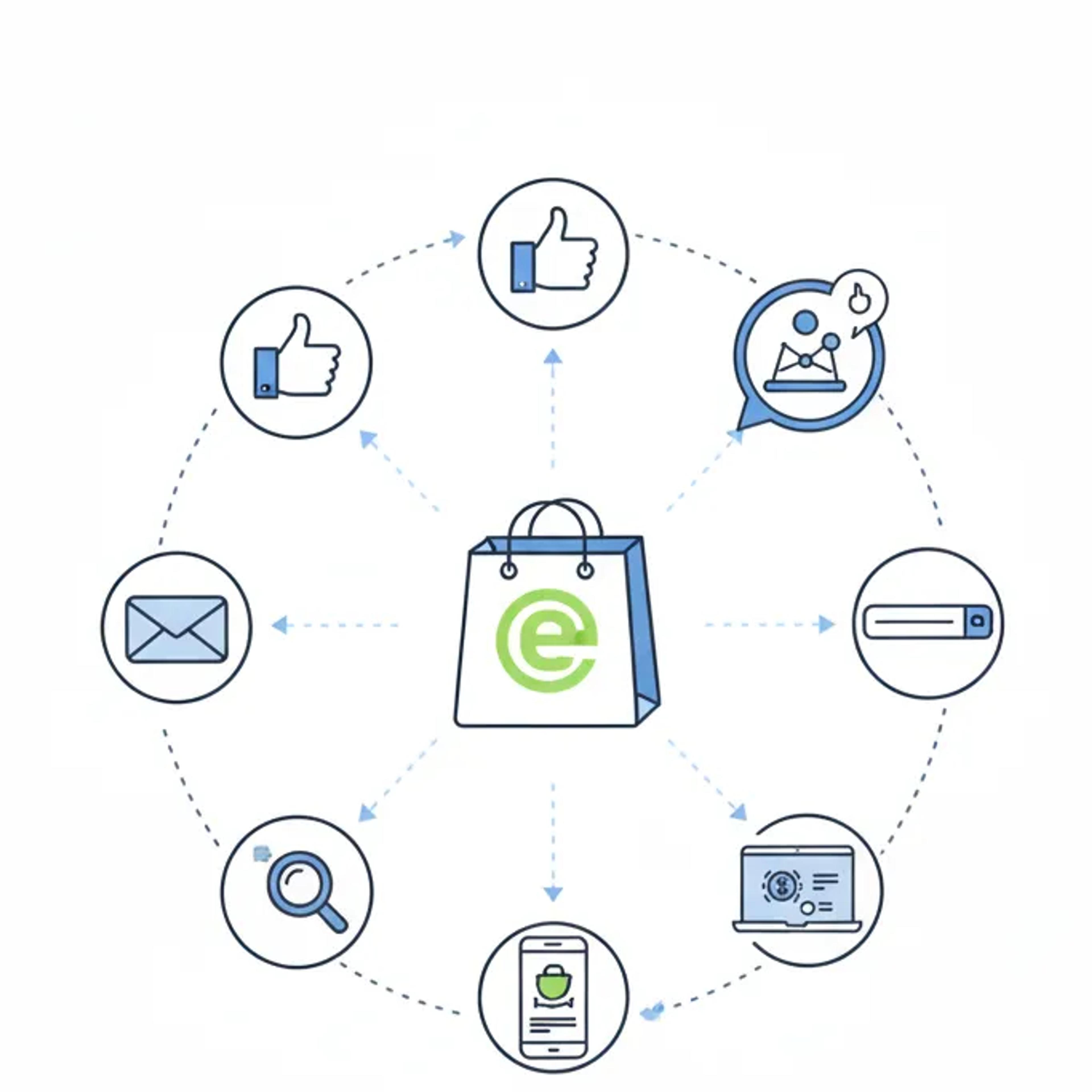 E-ticaret firmaları için dijital pazarlama ekosistemi ve çok kanallı strateji.
