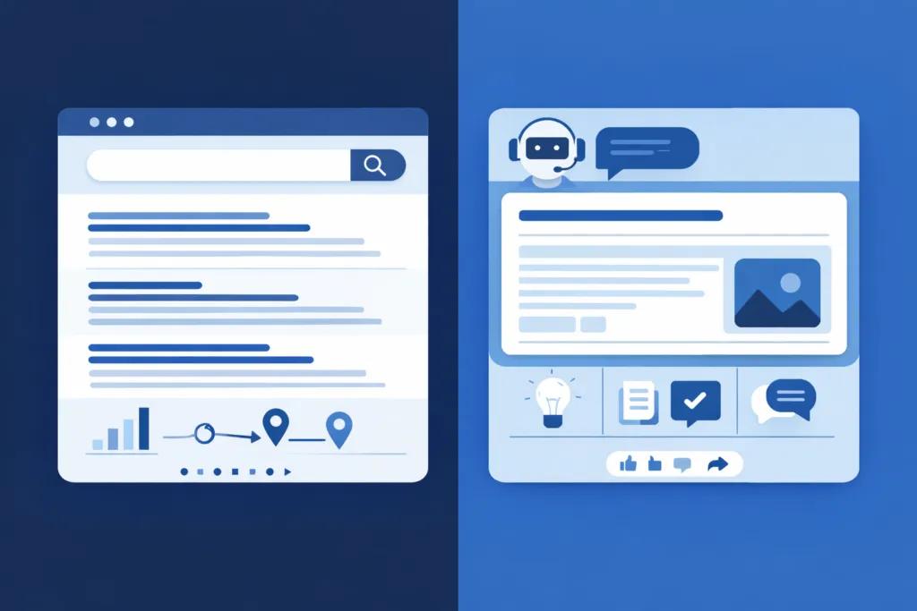 Geleneksel SEO ile Answer Engine Optimization karşılaştırmasını gösteren split screen infografik; sol tarafta arama motoru sonuç sayfası, sağ tarafta yapay zeka tarafından üretilmiş doğrudan cevap ekranı, modern mavi tonlarda tasarım.