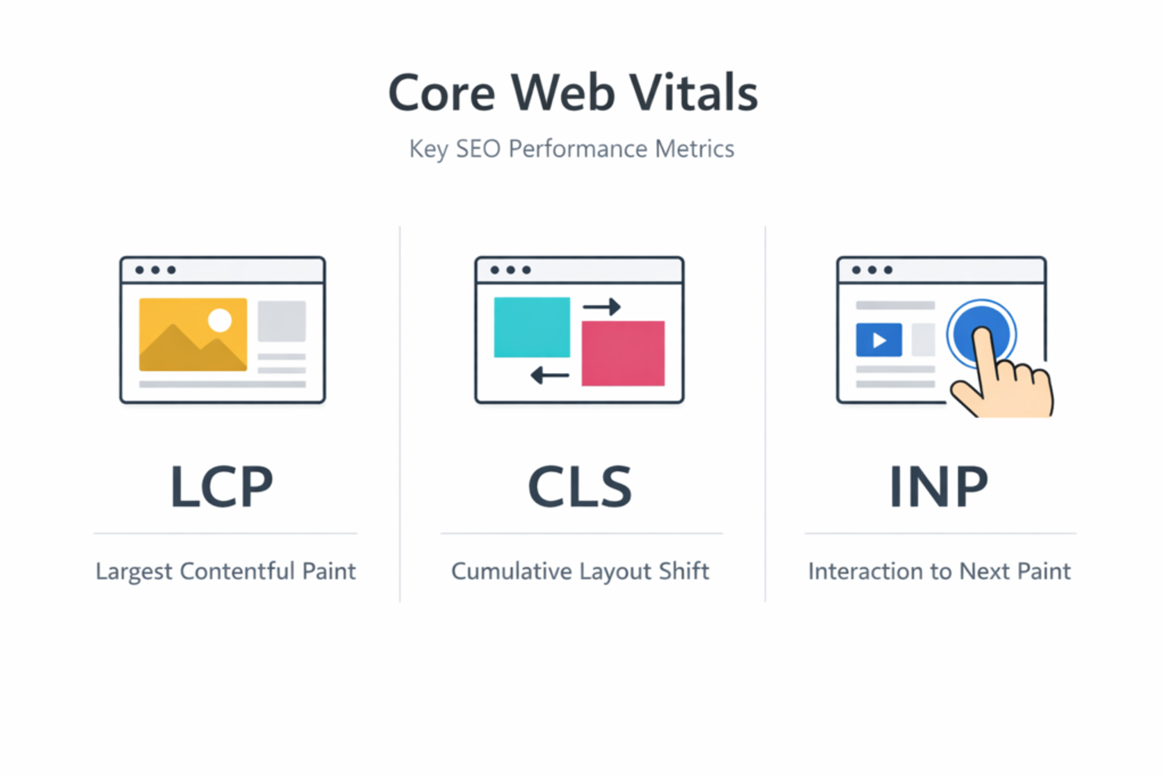 Core Web Vitals metrikleri LCP CLS INP açıklayan infografik