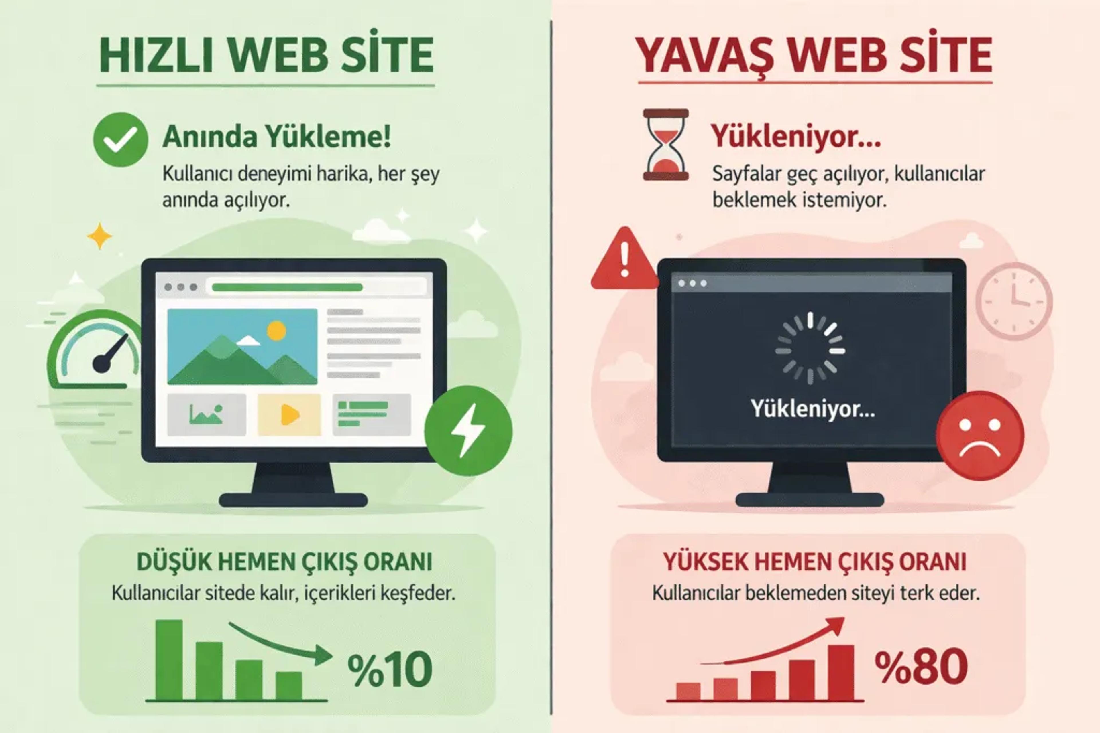 Hızlı ve yavaş web sitesi arasındaki kullanıcı deneyimi farkını gösteren görsel