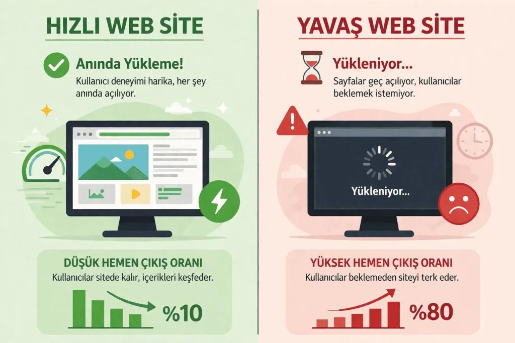 Hızlı ve yavaş web sitesi arasındaki kullanıcı deneyimi farkını gösteren görsel