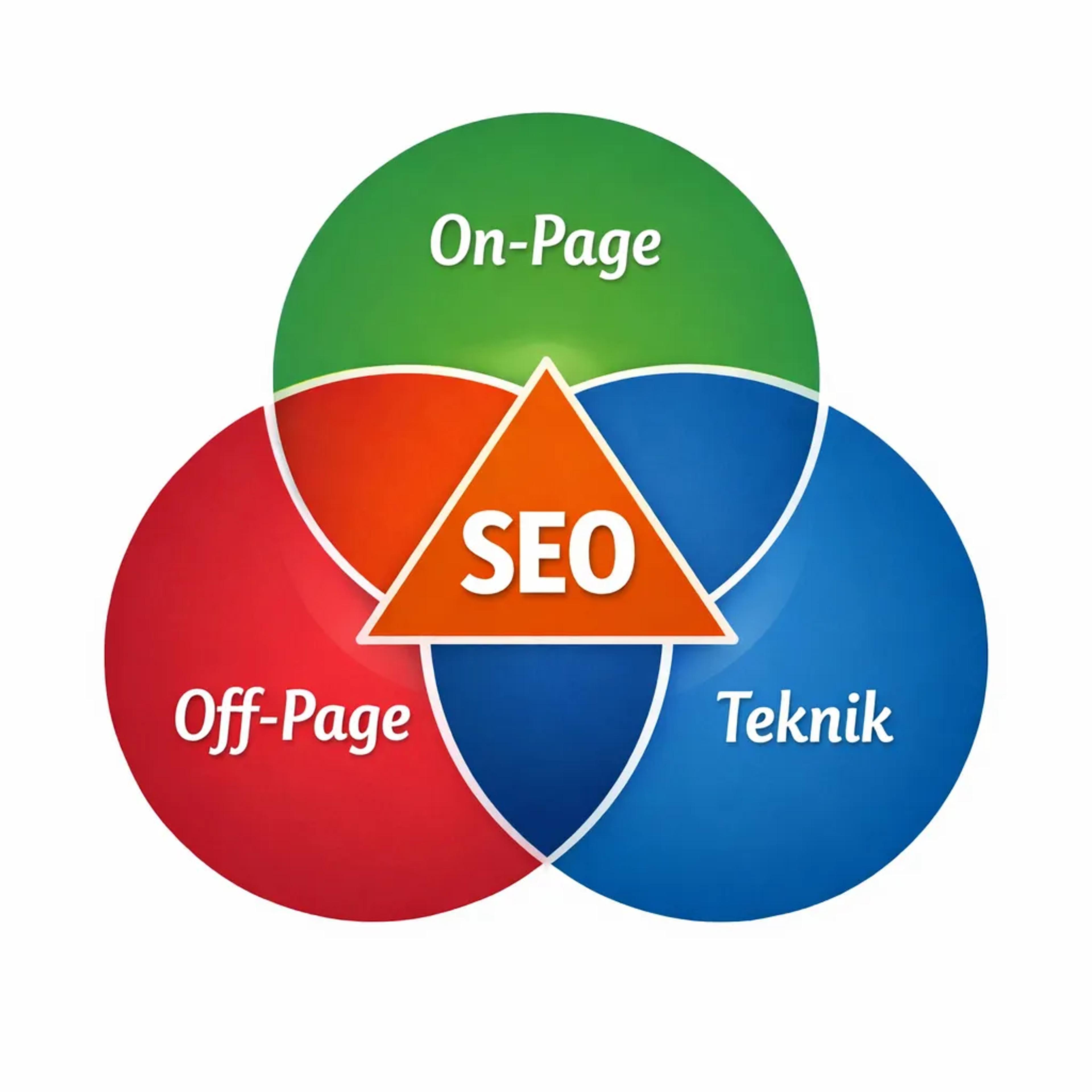 On-page SEO, off-page SEO ve teknik SEO bileşenleri diyagramı