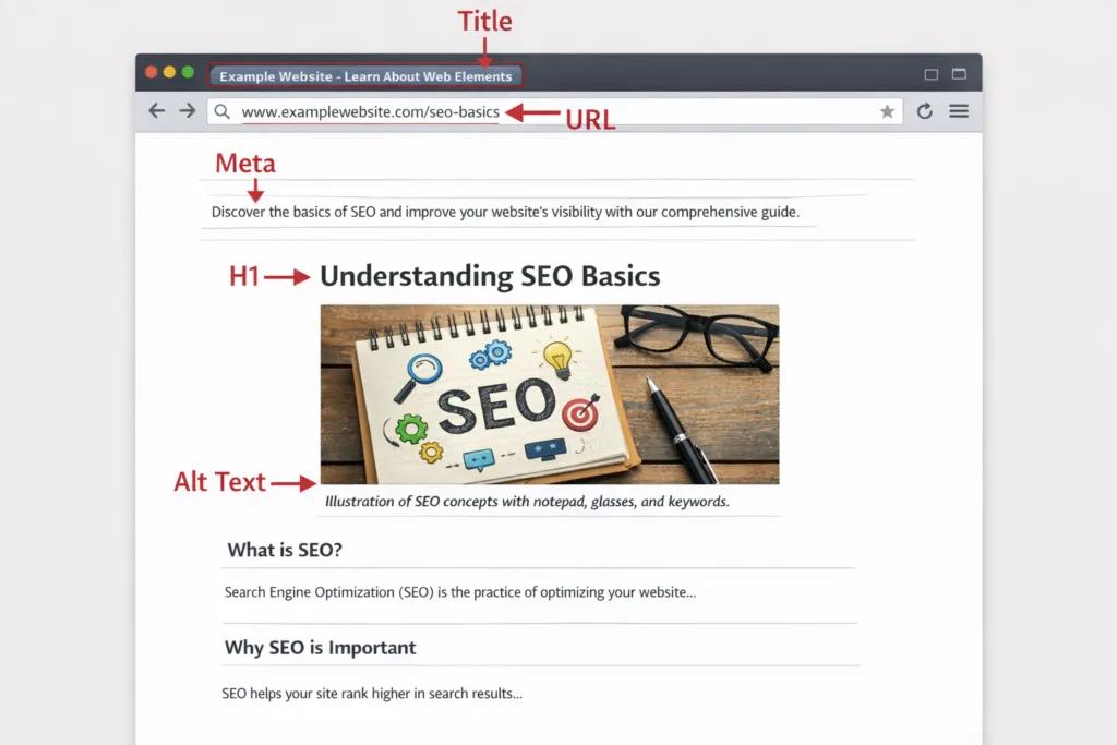 On-page SEO sayfa yapısı: title tag, meta açıklama, H1 ve URL optimizasyonu