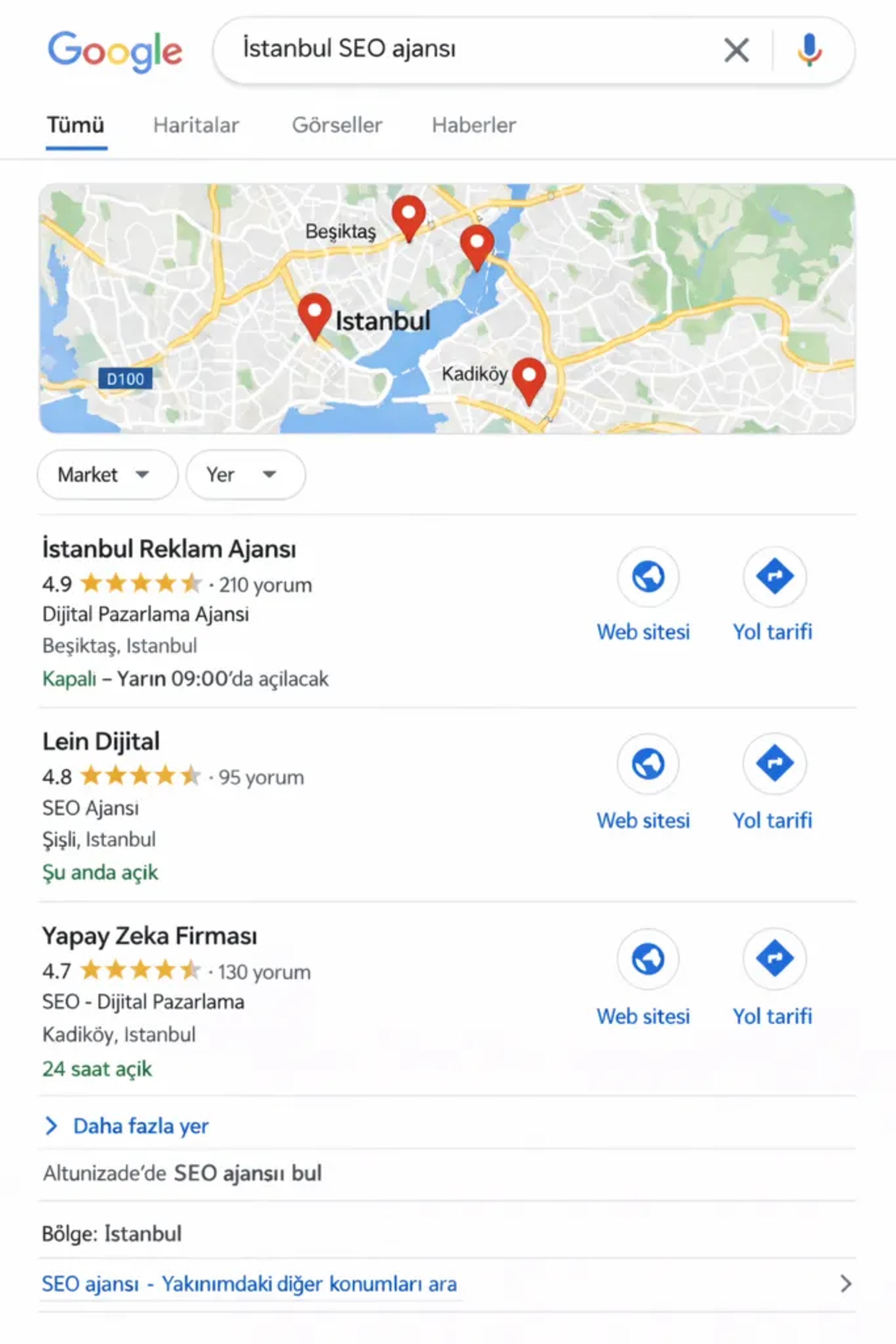 Google Local Pack örneği - yerel SEO arama sonucu görseli