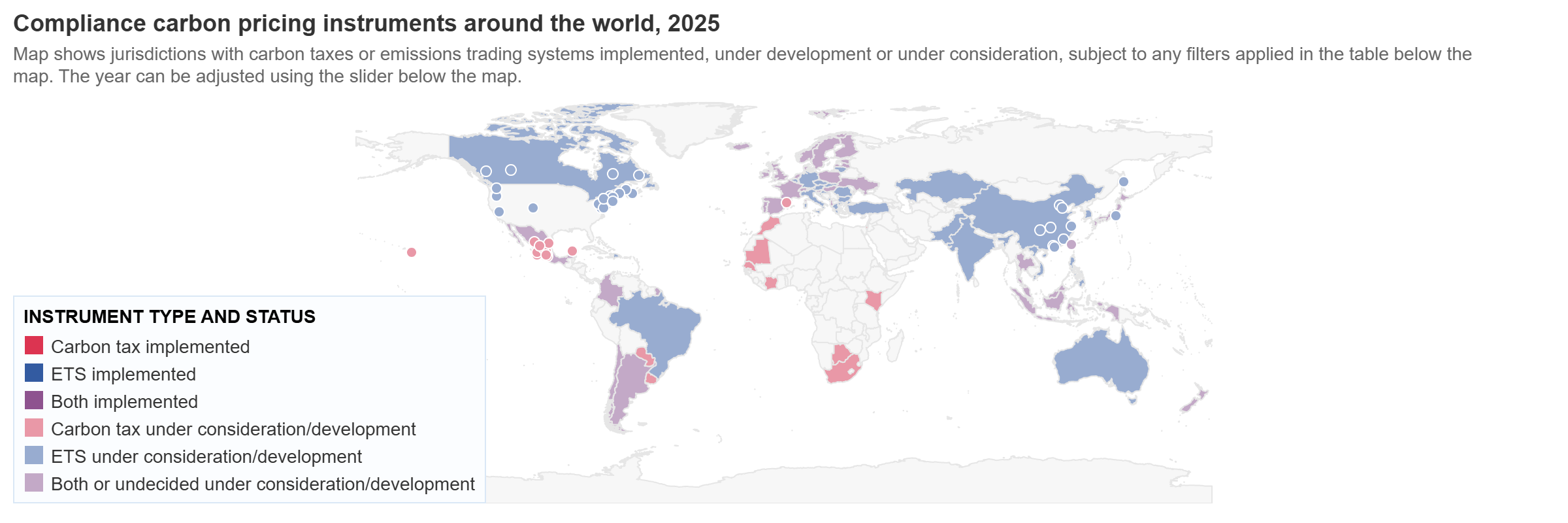 World map from the World Bank dashboard shading jurisdictions by whether a carbon tax, an ETS, or both are in place.