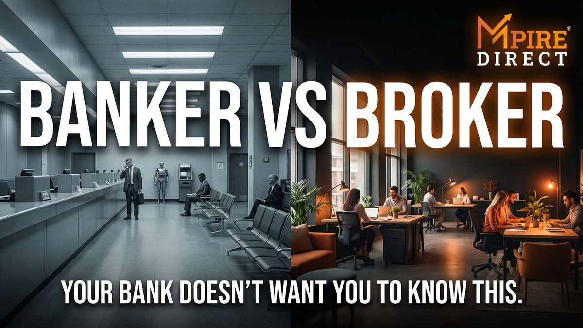 Split screen comparing a cold corporate bank lobby to a modern mortgage broker - illustrating why mortgage brokers shop 100+ lenders while banks only offer their own rates