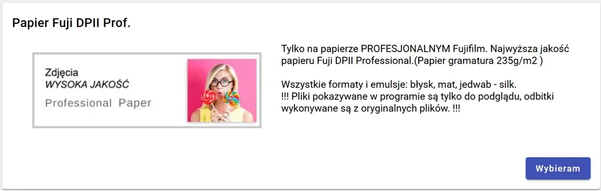 Karta wyboru papieru Fujifilm DPII Professional w photos3