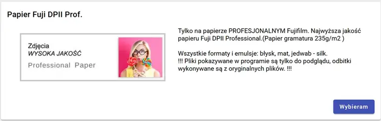 Karta wyboru papieru Fujifilm DPII Professional w photos3