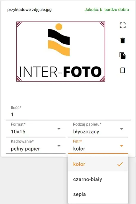 Wybór filtra: kolor, czarno-biały, sepia