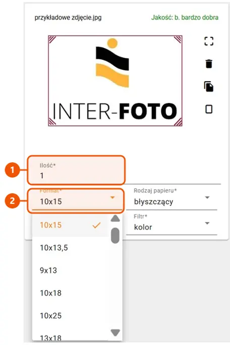 Panel edycji z zaznaczonymi polami Ilość i Format