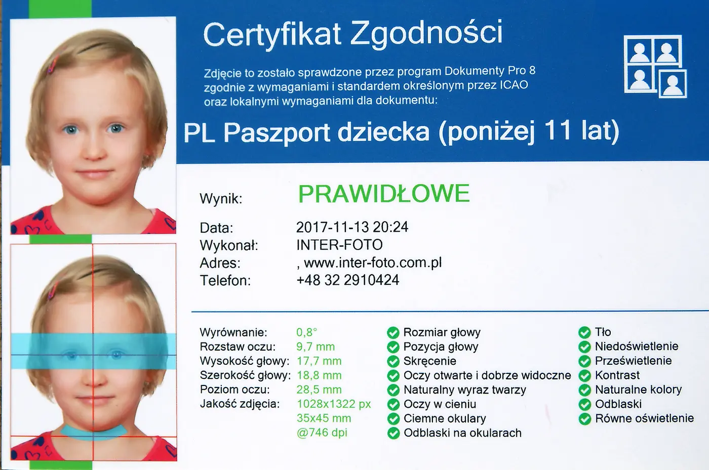 Certyfikat zgodności zdjęcia do paszportu dziecka wykonanego w INTER-FOTO - wynik prawidłowy