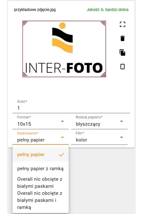 Wybór kadrowania odbitki w photos3