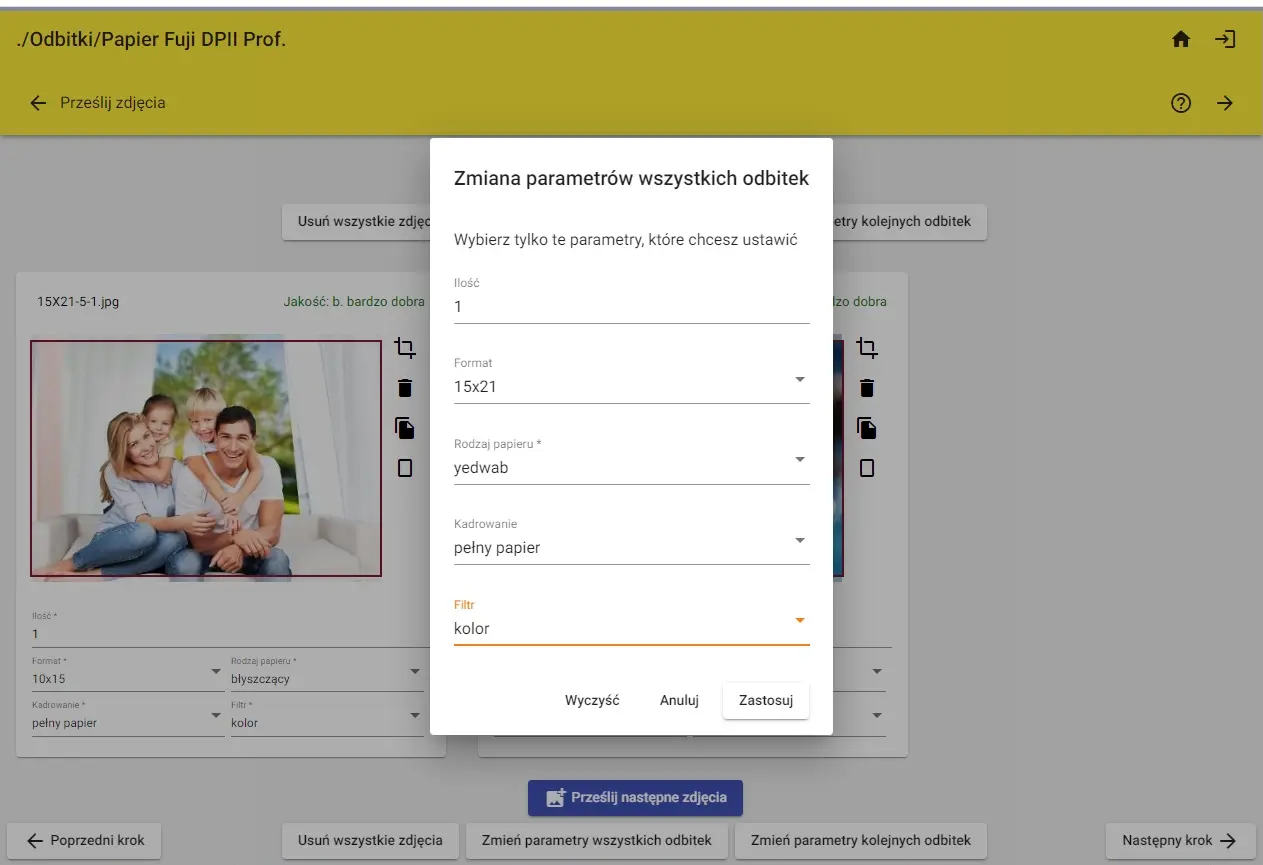 Ekran aplikacji PHOTOS3 - zmiana parametrów dla wszystkich zdjęć